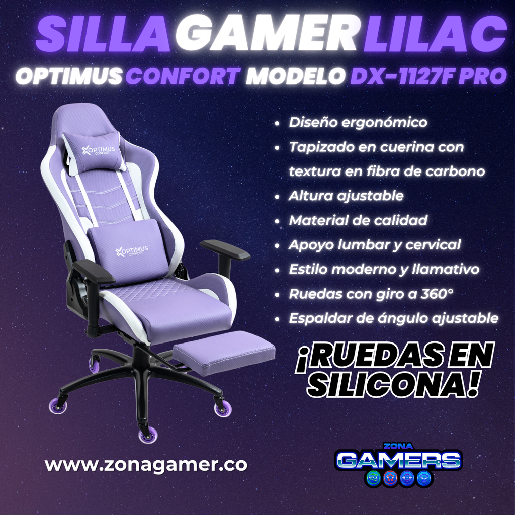 Silla Gamer DX-1127F PRO Lilac con reposapiés y ruedas en silicona