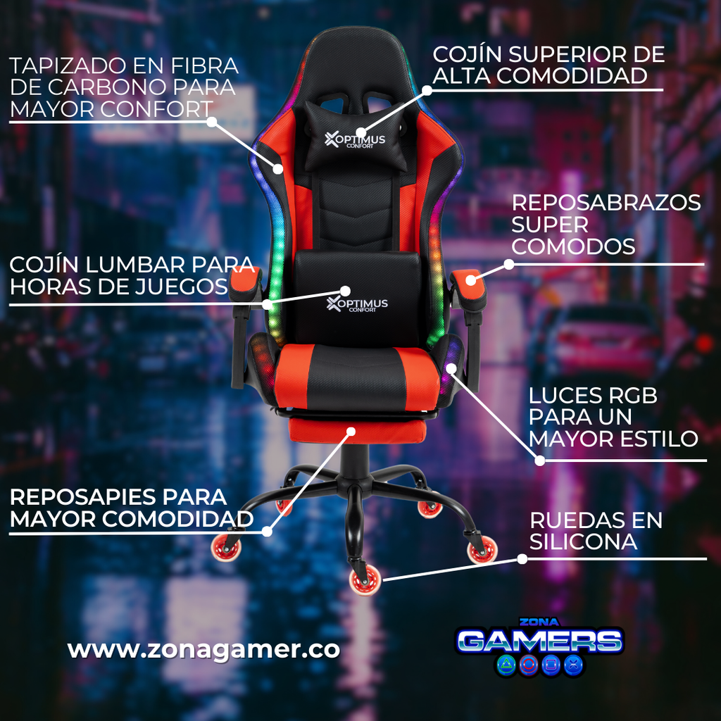 Silla gamer DX-1039F Red con luces RGB + reposapiés y ruedas en silicona