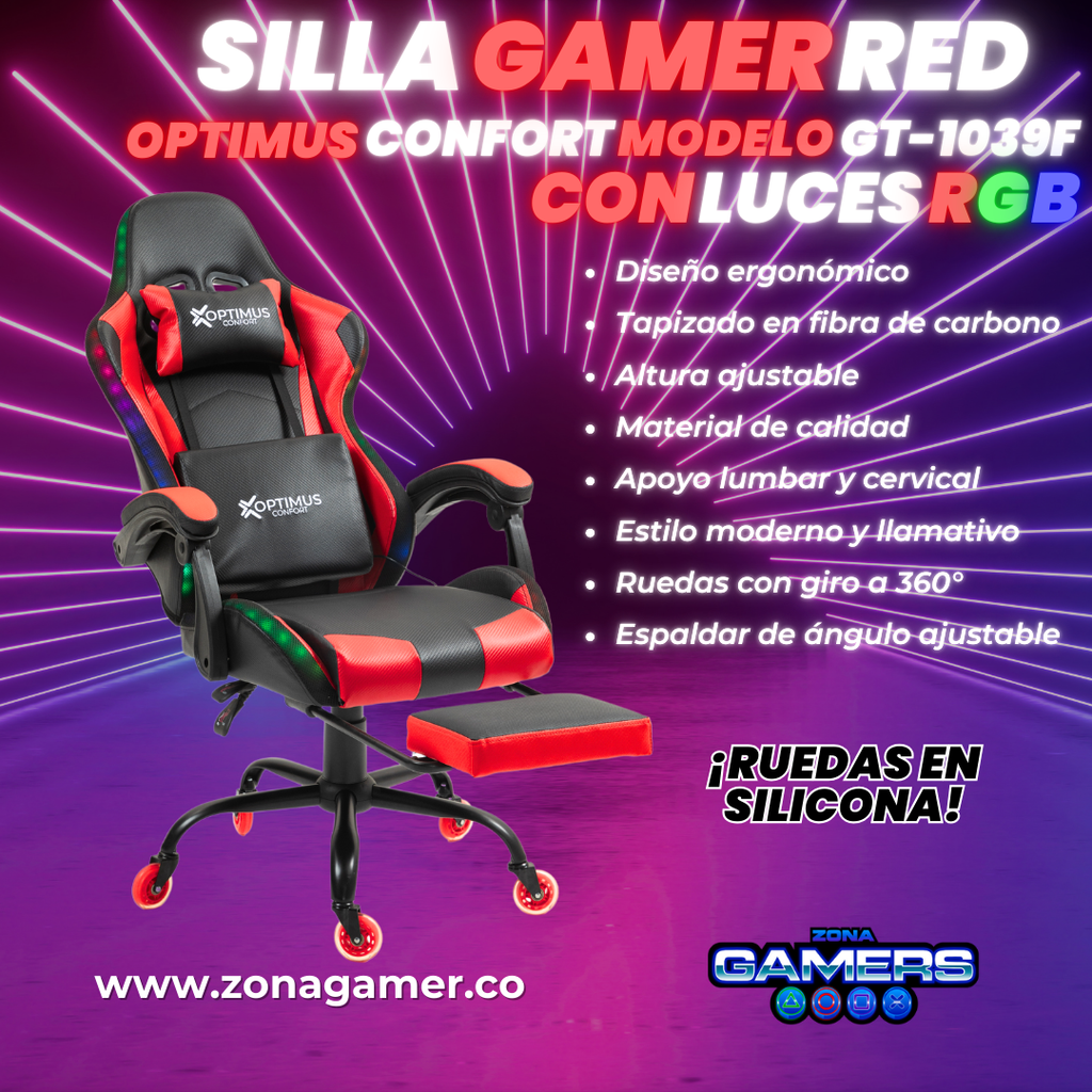 Silla gamer GT-1039F Red con luces RGB + reposapiés y ruedas en silicona