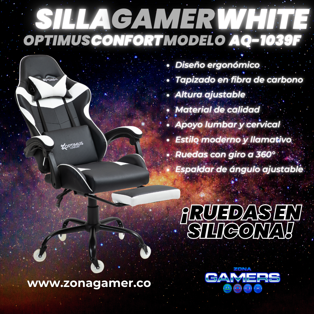 Silla Gamer AQ-1039F White con reposapiés y ruedas en silicona