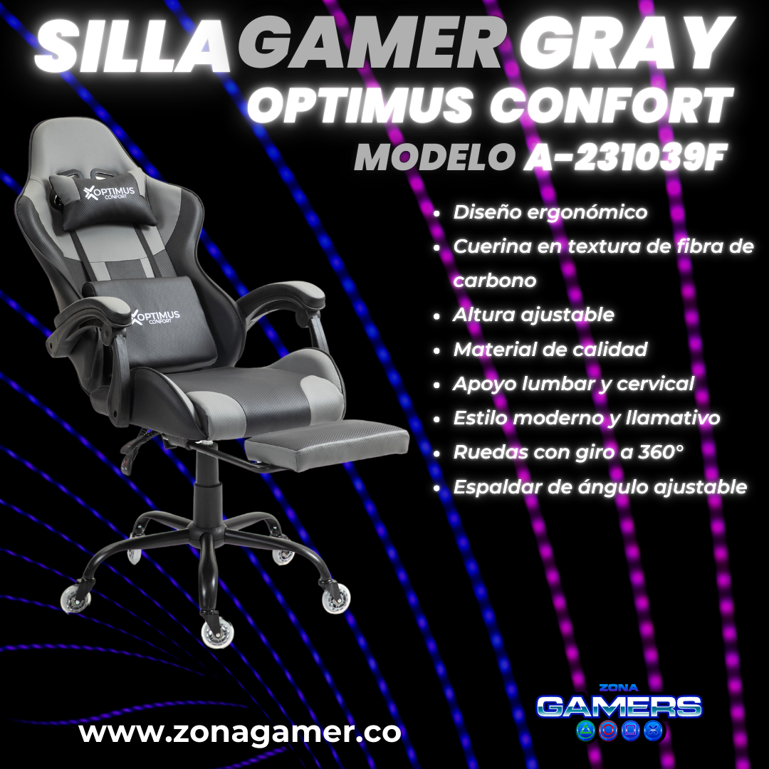Silla Gamer A231039F Gray con reposapiés y ruedas en silicona