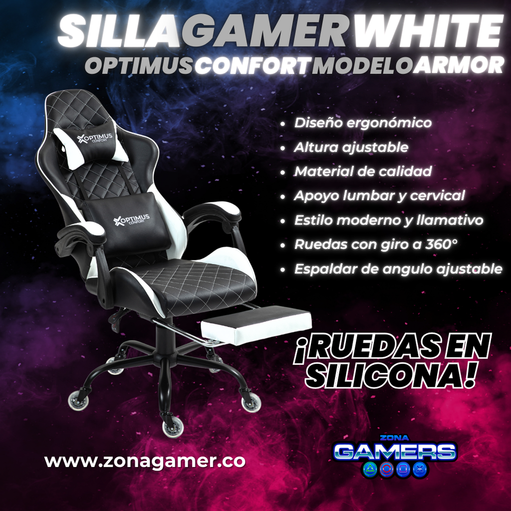 Silla Gamer ARMOR-1127F White con reposapiés y ruedas en silicona