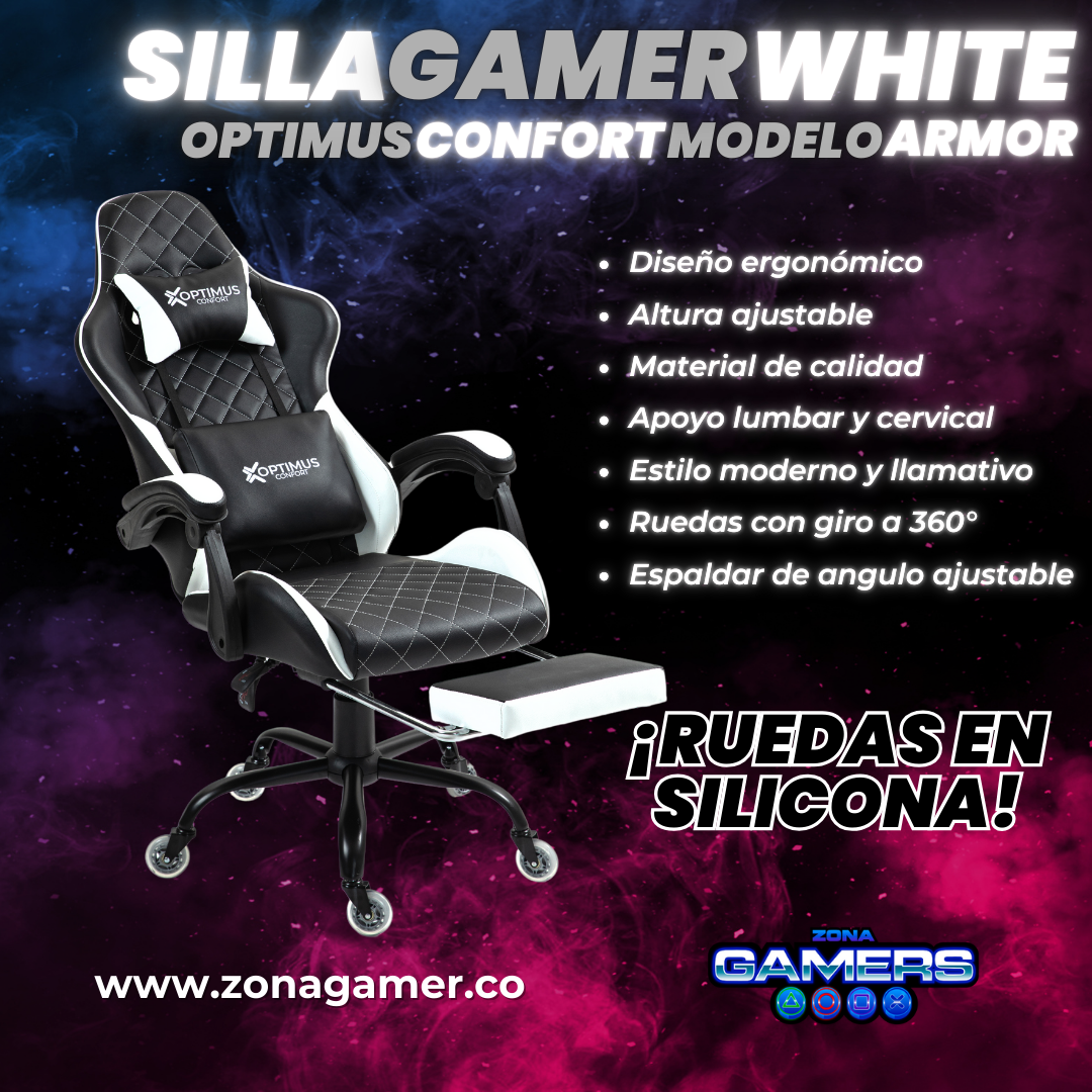 Silla Gamer ARMOR-1127F White con reposapiés y ruedas en silicona