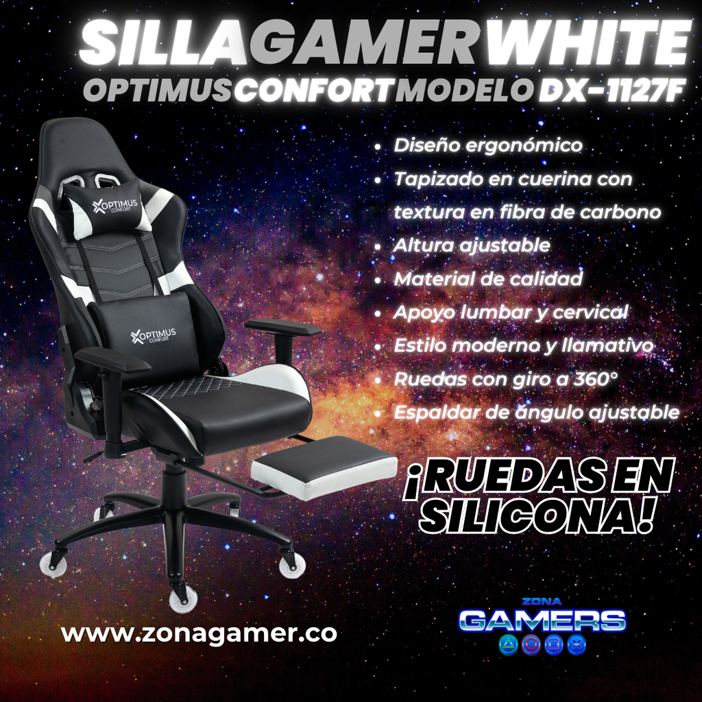 Silla Gamer DX-1127F White con reposapiés y ruedas en silicona