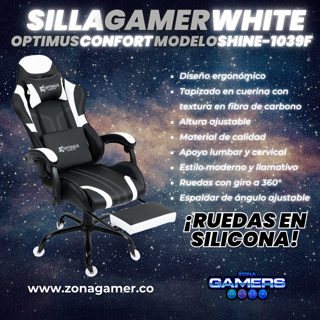 Silla Gamer Shine-1039F White con reposapiés y ruedas en silicona