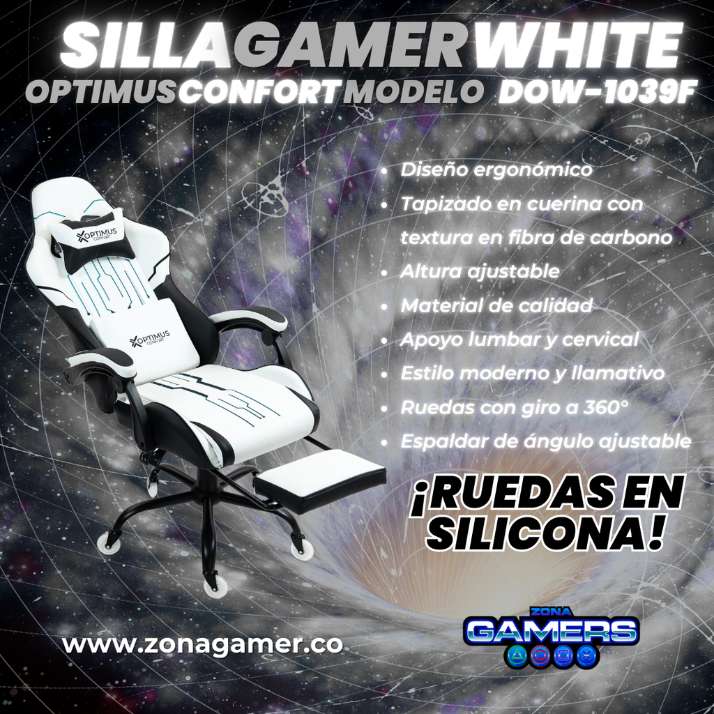 Silla Gamer DOW-1039F White con reposapiés y ruedas en silicona