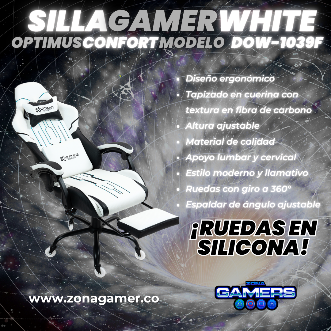 Silla Gamer DOW-1039F White con reposapiés y ruedas en silicona