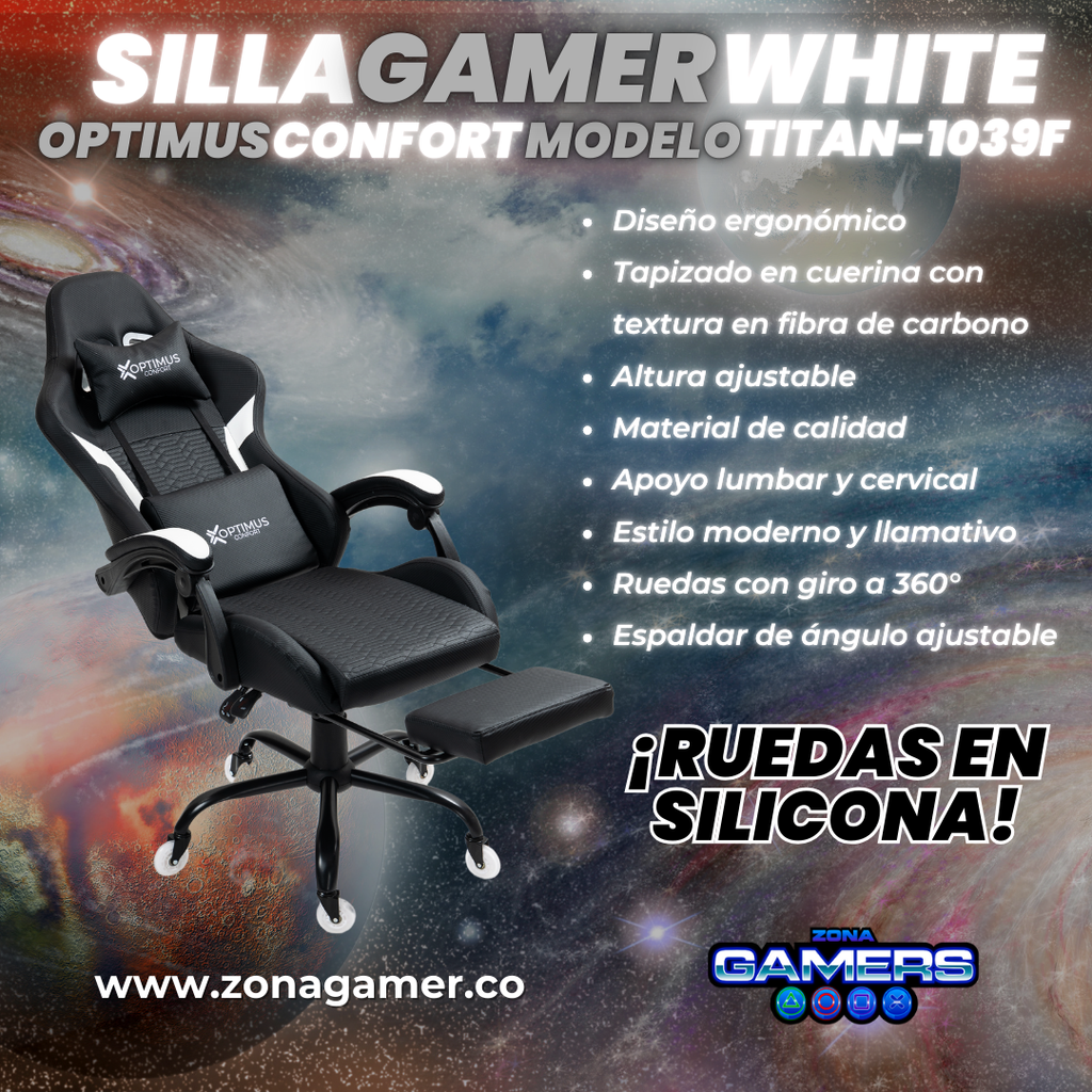 Silla Gamer Titan-1039F White con reposapiés y ruedas en silicona