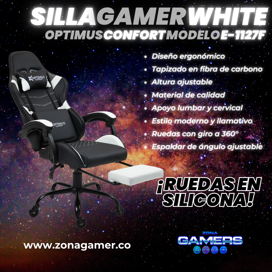 Silla Gamer E-1127F White con reposapiés y ruedas en silicona