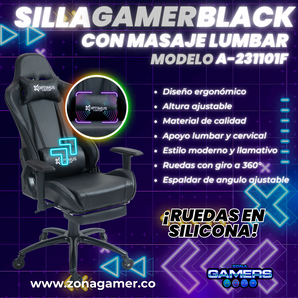 Silla Gamer A231101F Black + masajeador lumbar con reposapiés incluido y ruedas en silicona