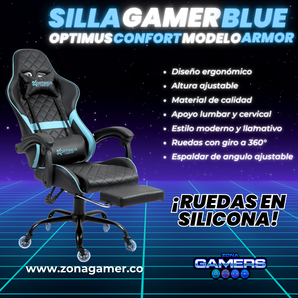 Silla Gamer ARMOR-1039F Blue con reposapiés y ruedas en silicona