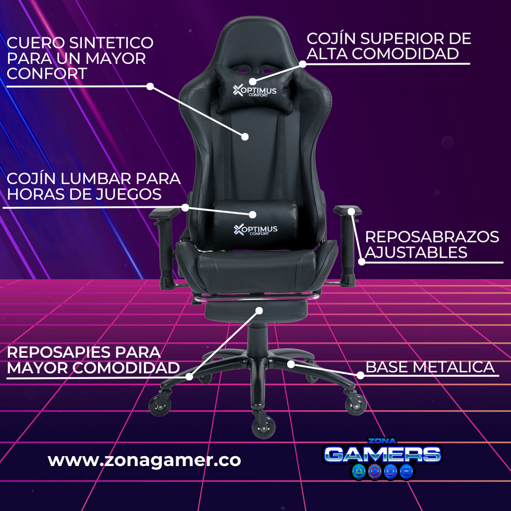 Silla gamer A231101F Black + reposapiés y ruedas en silicona