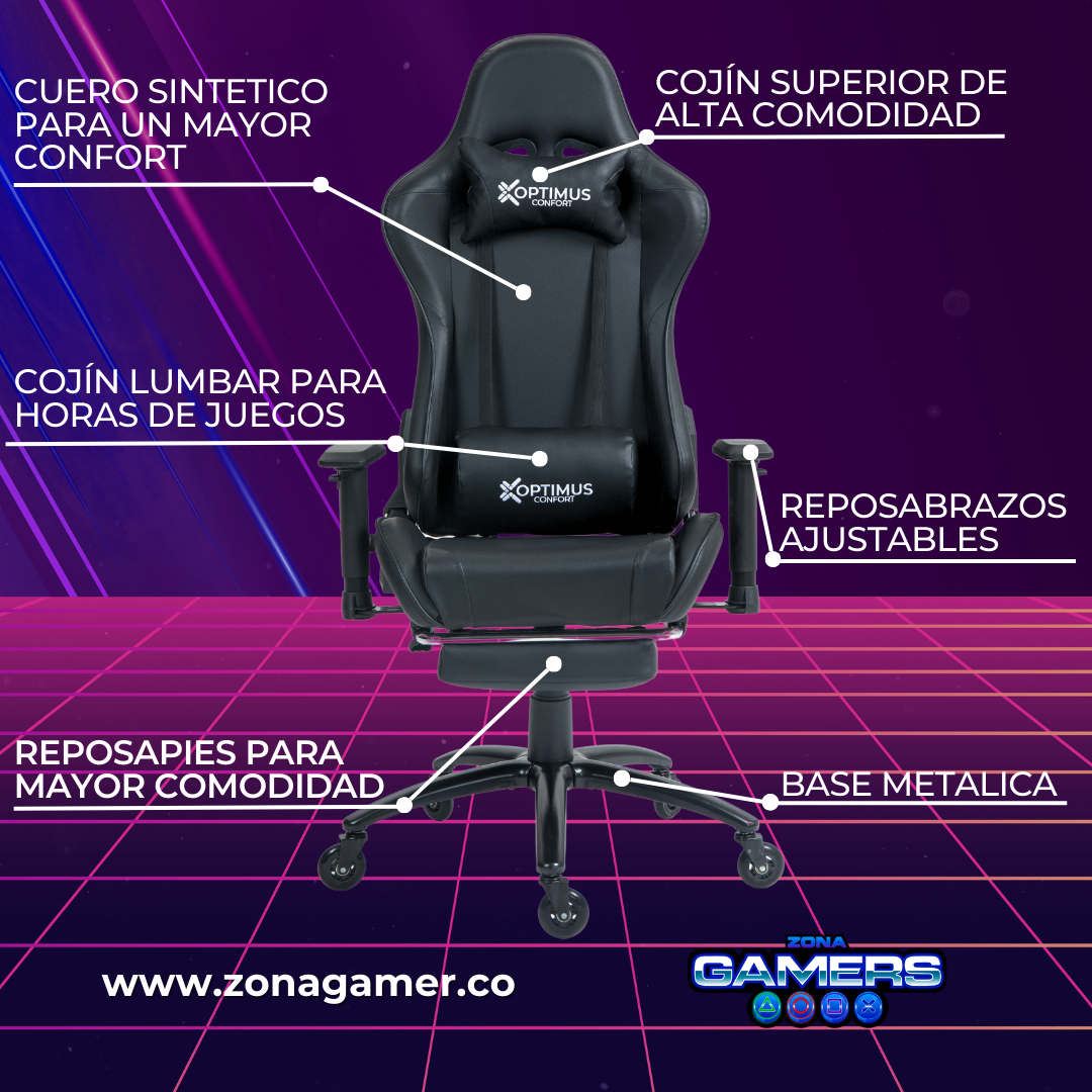Silla gamer A231101F Black + reposapiés y ruedas en silicona