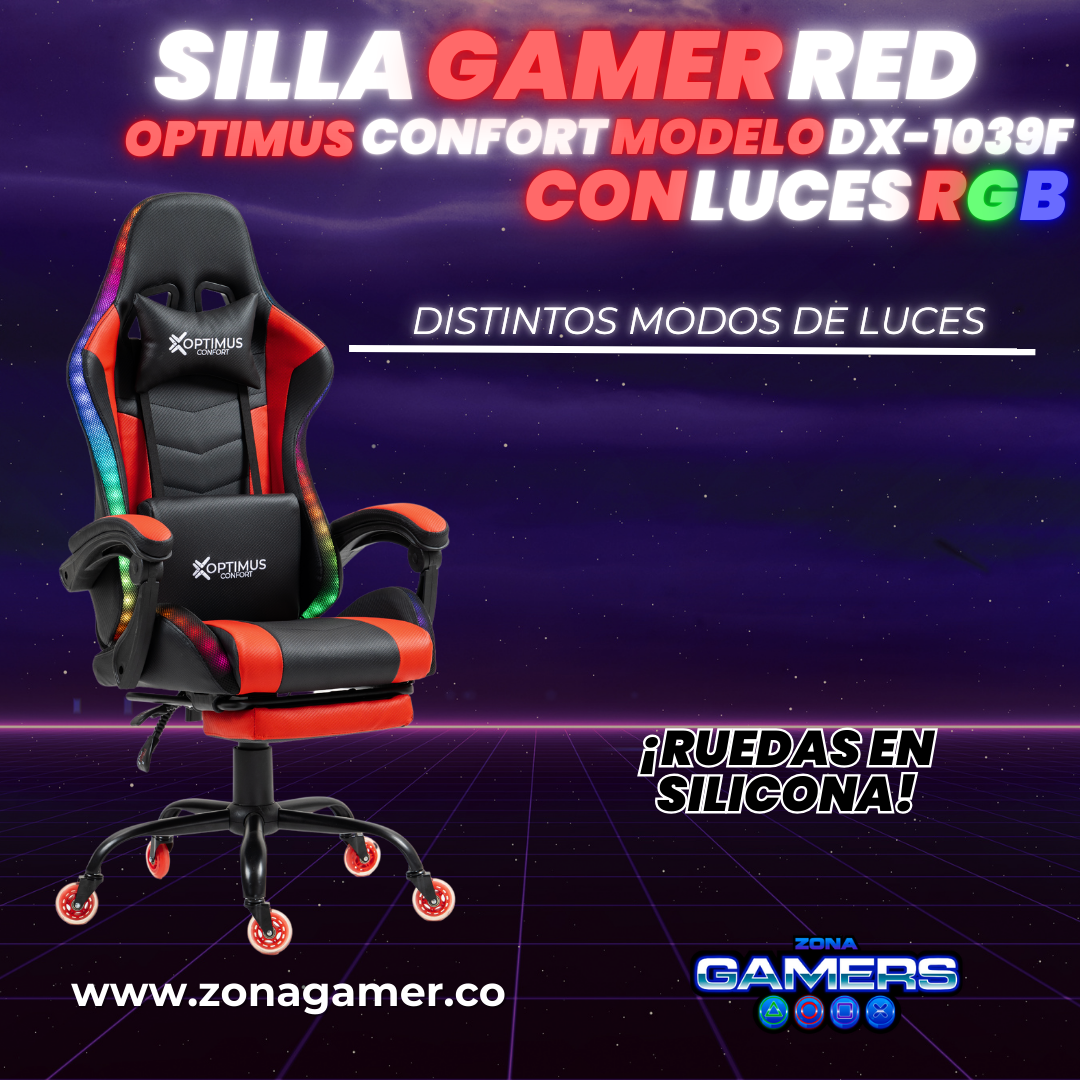 Silla gamer DX-1039F Red con luces RGB + reposapiés y ruedas en silicona