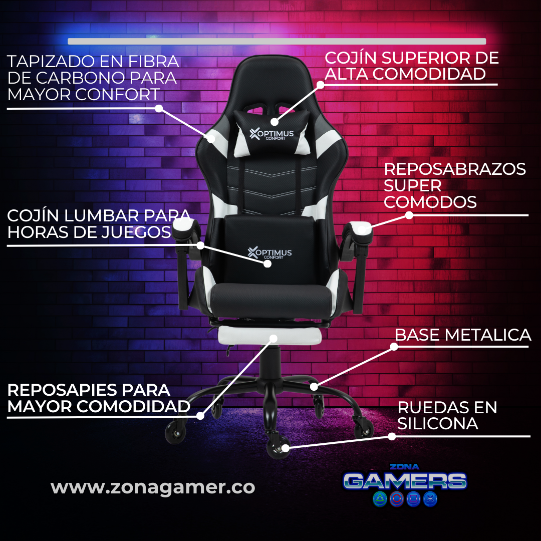 Silla Gamer E-1127F White con reposapiés y ruedas en silicona