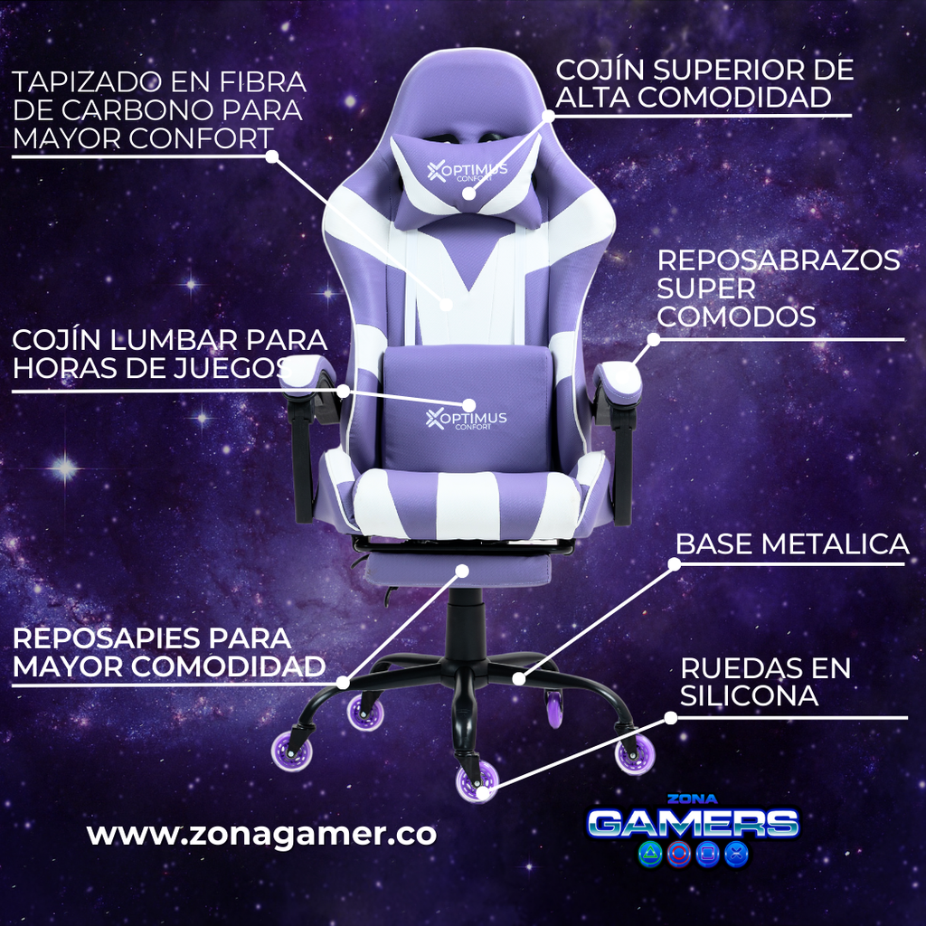 Silla Gamer V-1039F Lilac con reposapiés y ruedas en silicona