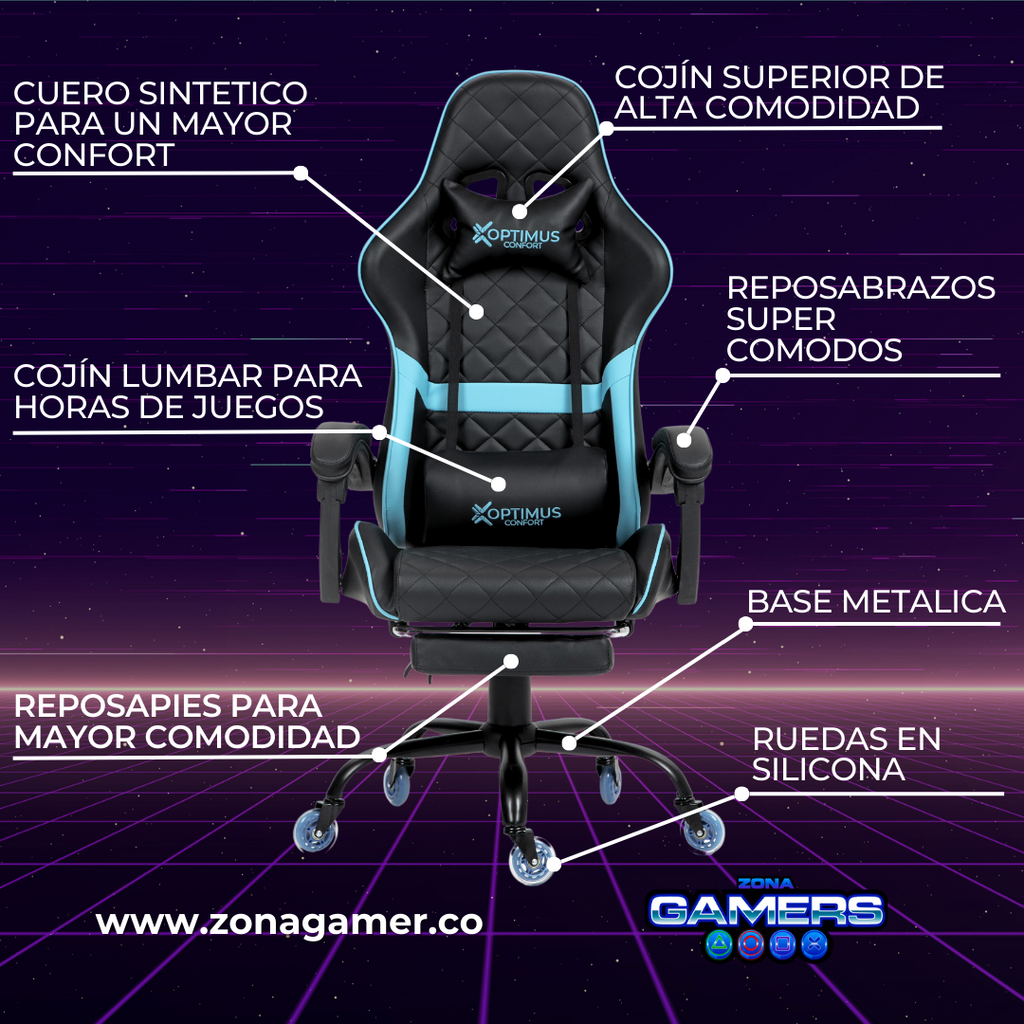 Silla Gamer ARMOR-1039F Blue con reposapiés y ruedas en silicona