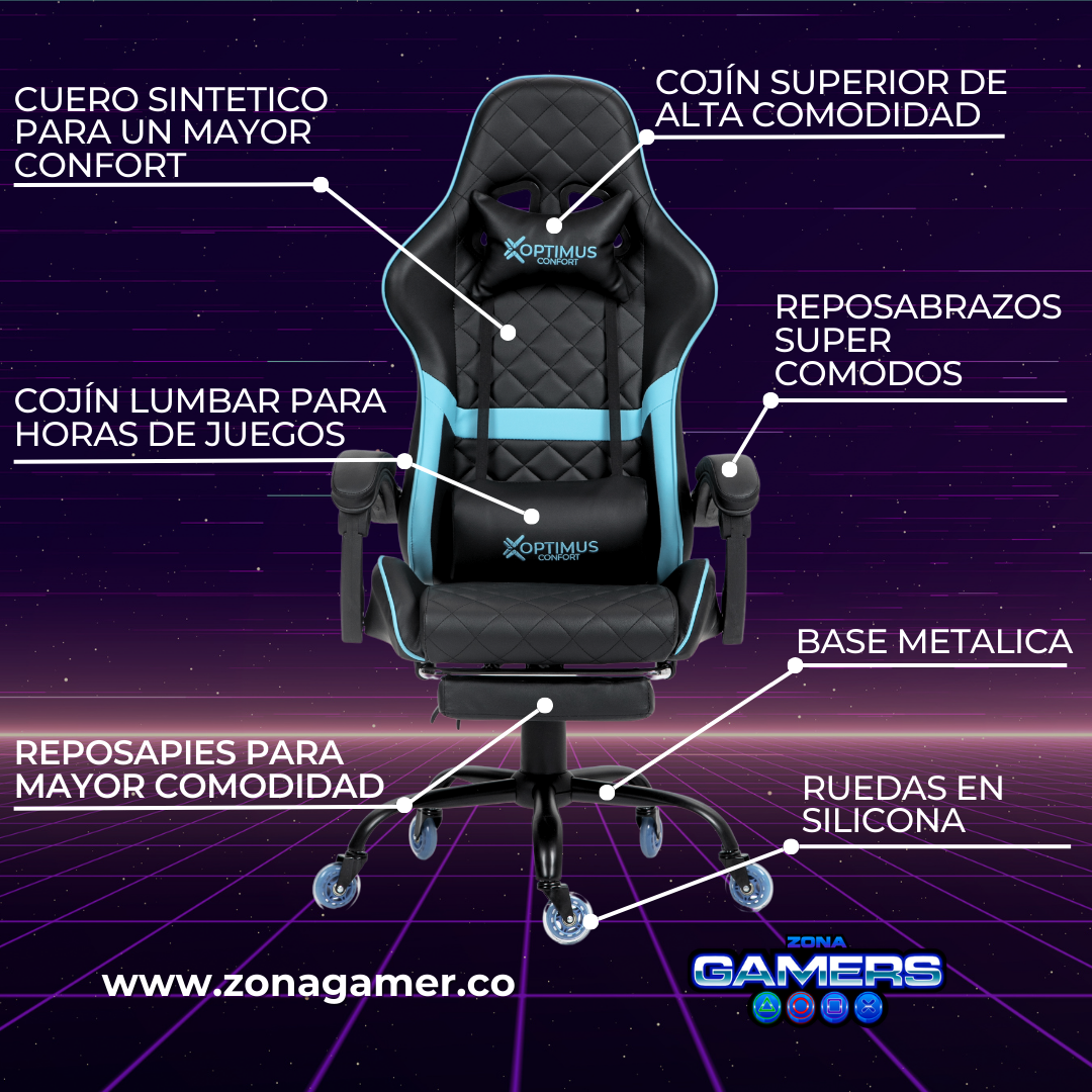 Silla Gamer ARMOR-1039F Blue con reposapiés y ruedas en silicona