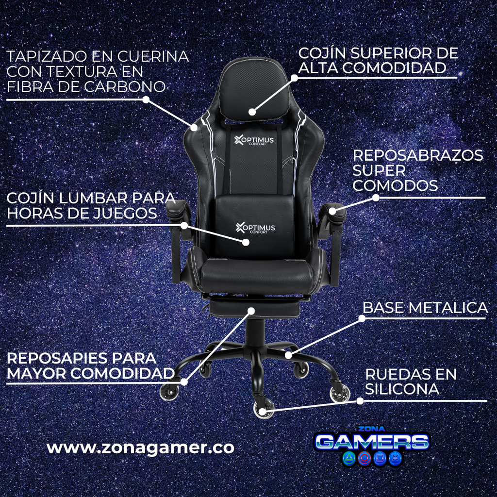 Silla Gamer Fly-1039F Black con reposapiés y ruedas en silicona