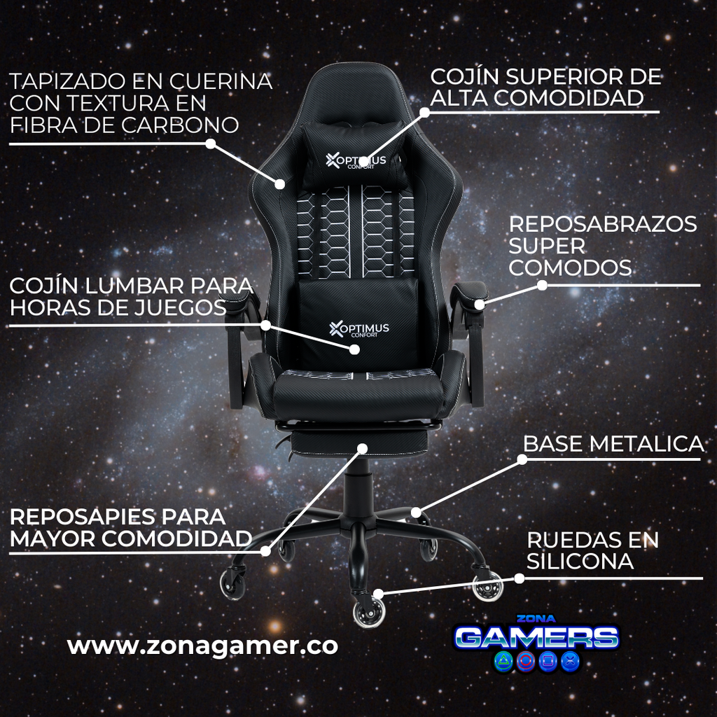 Silla Gamer Defensor-1039F Black con reposapiés y ruedas en silicona