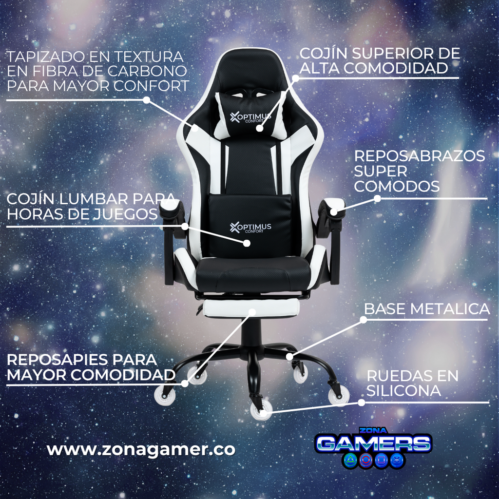 Silla Gamer Thunder-1039F White con reposapiés y ruedas en silicona