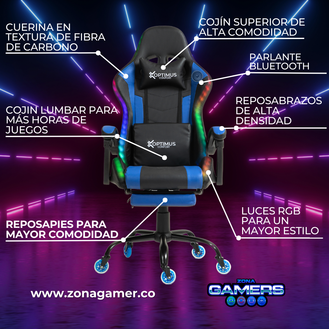 Silla gamer DX-1039F Blue con luces RGB + Parlantes + reposapiés y ruedas en silicona
