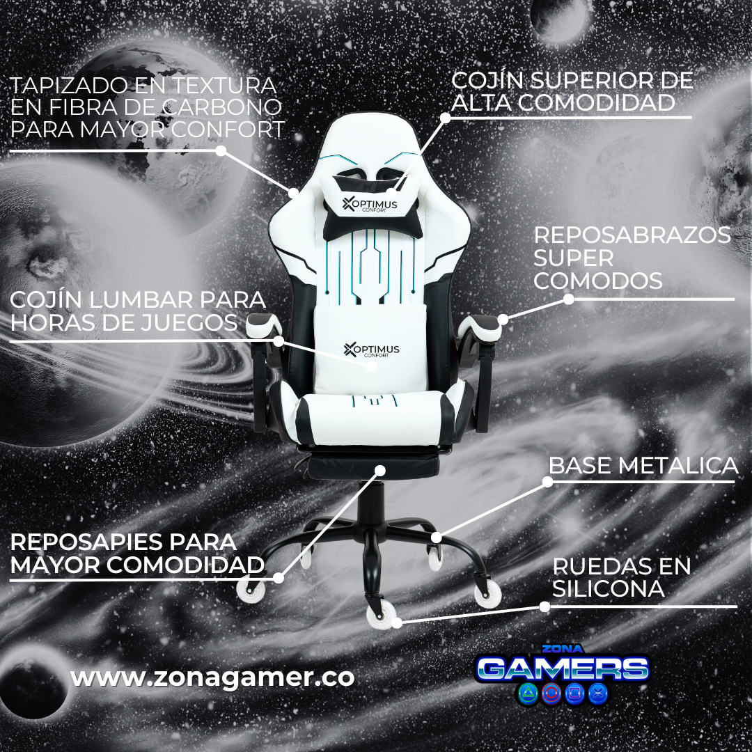 Silla Gamer DOW-1039F White con reposapiés y ruedas en silicona