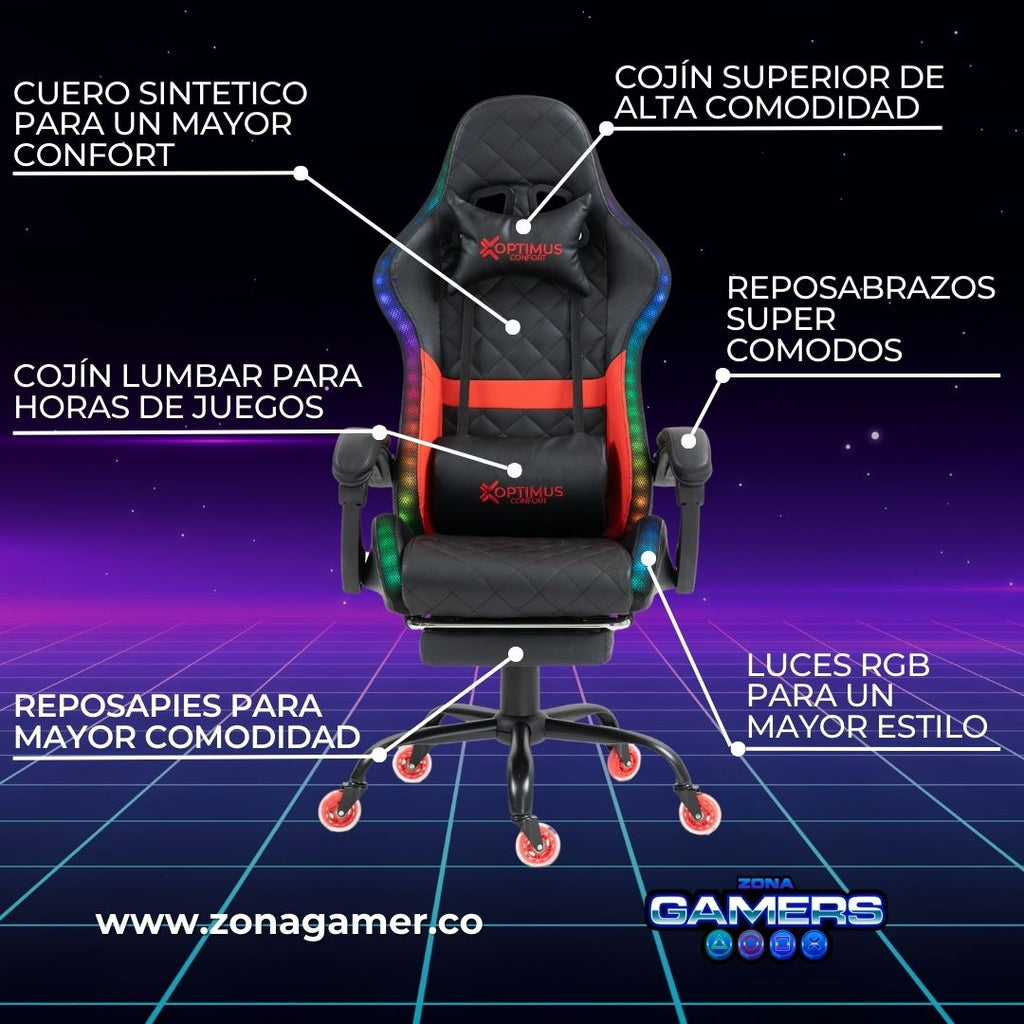 Silla gamer Armor Red con luces RGB + reposapiés y ruedas en silicona