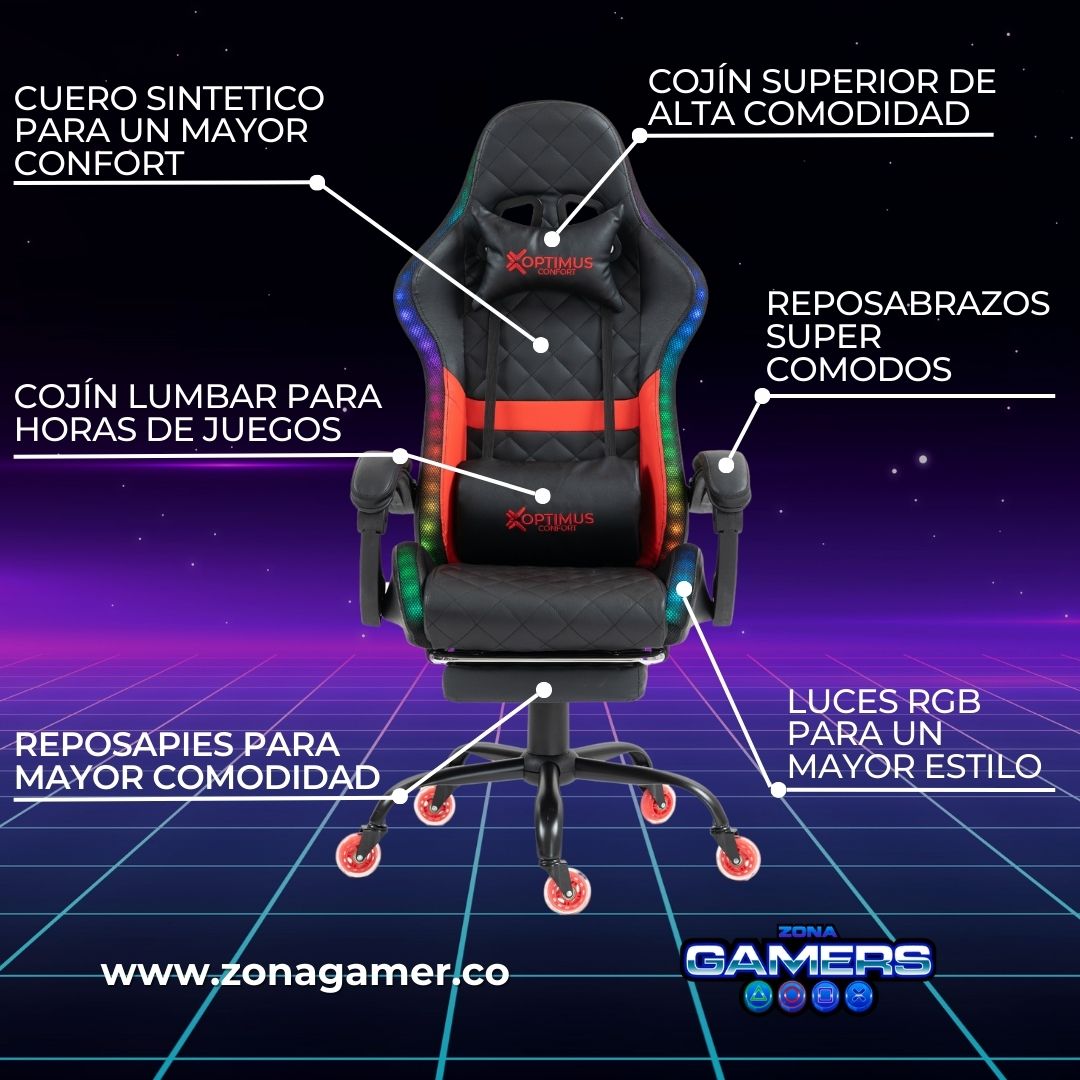 Silla gamer Armor Red con luces RGB + reposapiés y ruedas en silicona