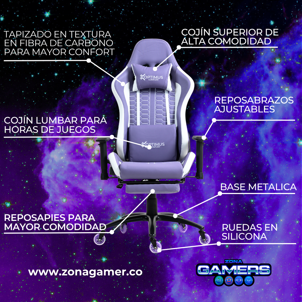 Silla Gamer Defensor-1001F Lilac con reposapiés y ruedas en silicona