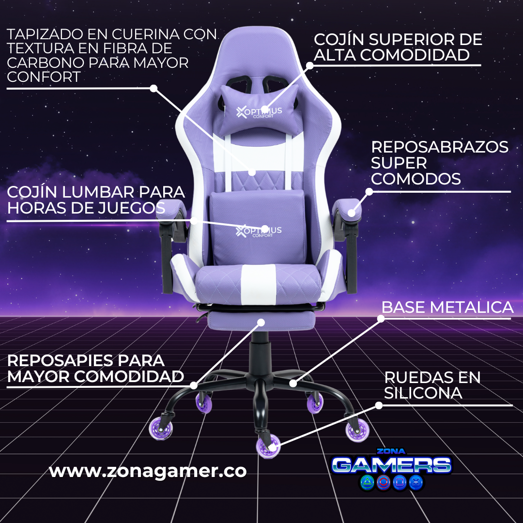 Silla Gamer CIR-1039F Lilac con reposapiés y ruedas en silicona