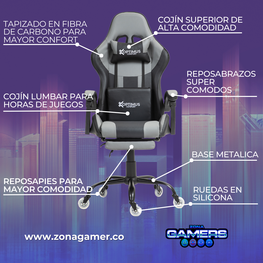 Silla Gamer A231039F Gray con reposapiés y ruedas en silicona