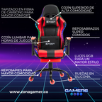 Silla gamer GT-1039F Red con luces RGB + reposapiés y ruedas en silicona