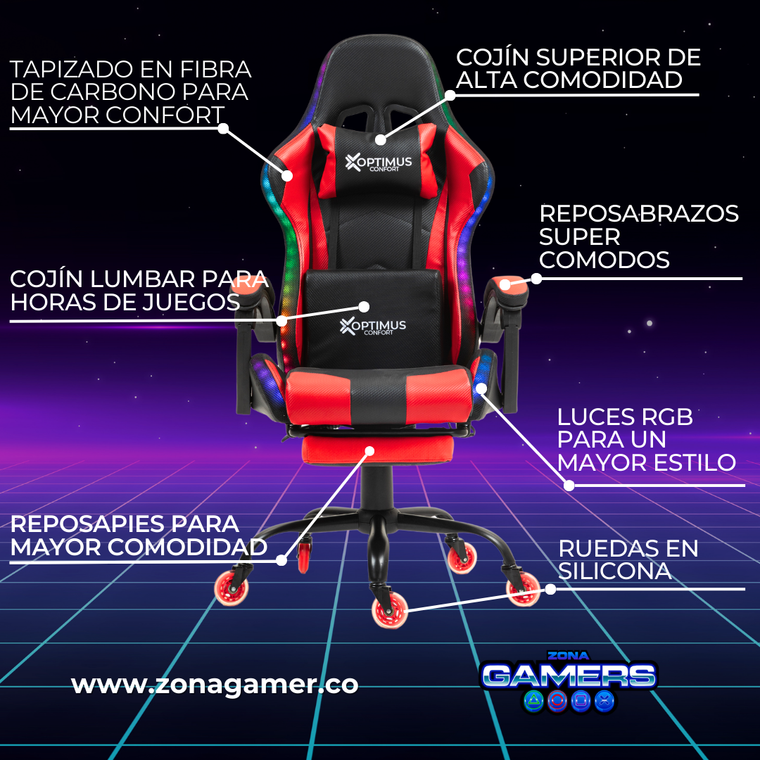 Silla gamer GT-1039F Red con luces RGB + reposapiés y ruedas en silicona