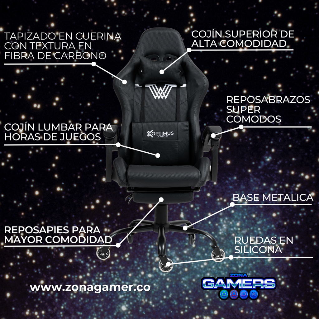 Silla Gamer DOWLINE-1039F Black con reposapiés y ruedas en silicona