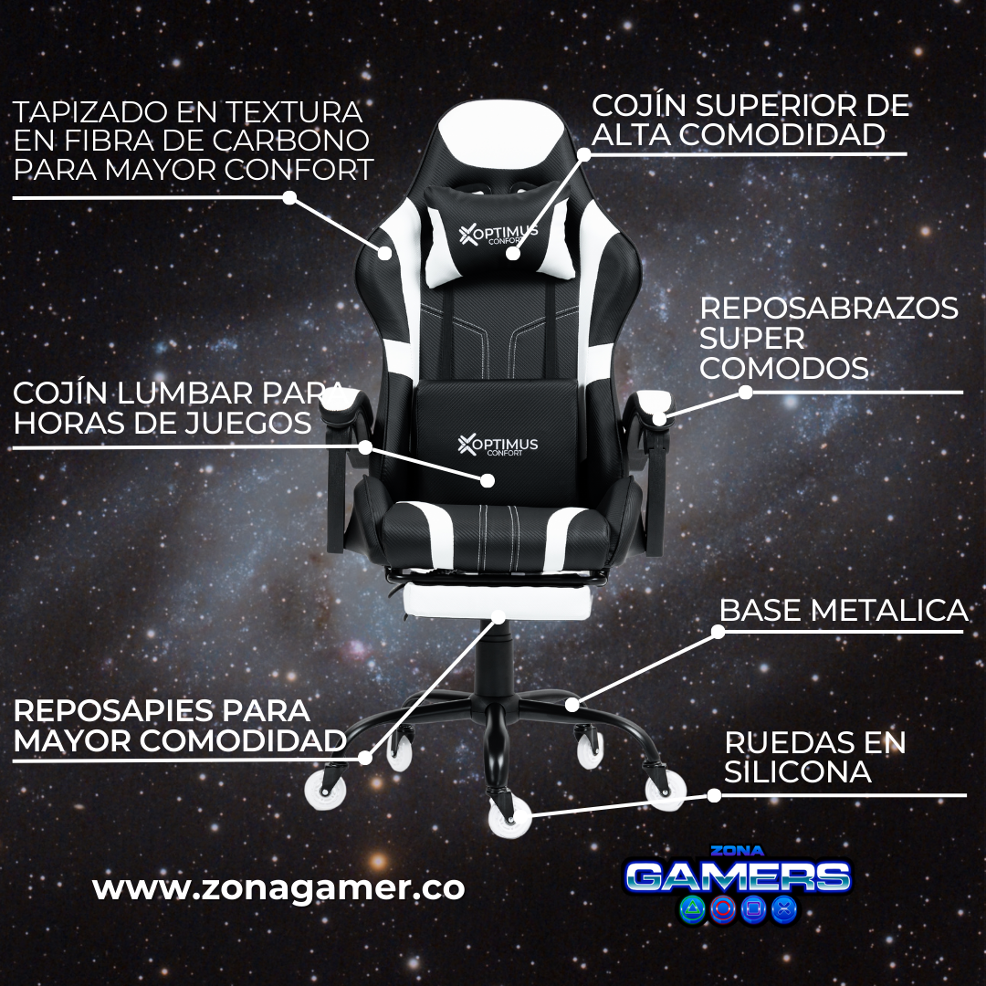 Silla Gamer Shine-1039F White con reposapiés y ruedas en silicona