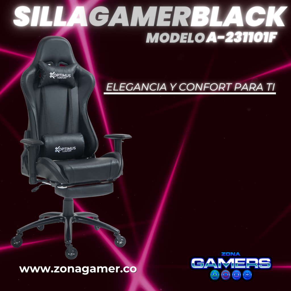 Silla gamer A231101F Black + reposapiés y ruedas en silicona