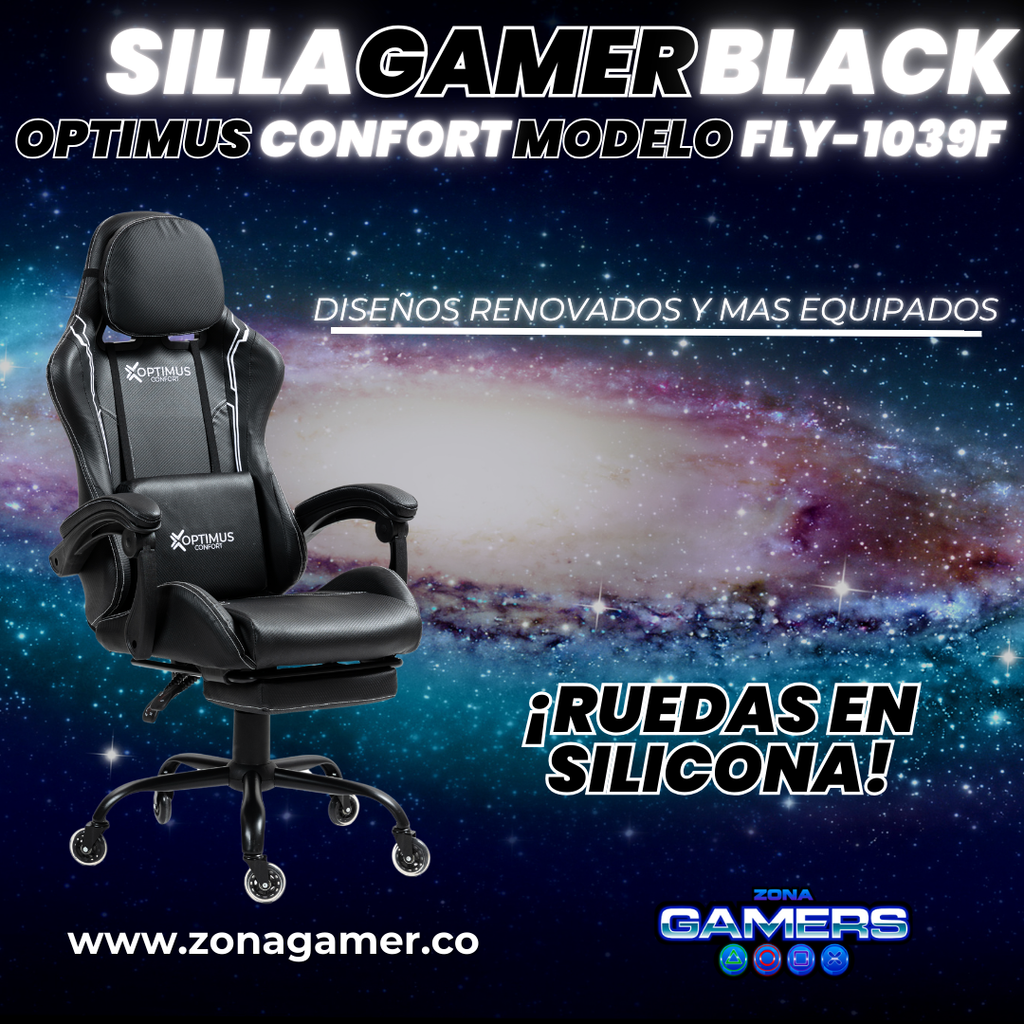 Silla Gamer Fly-1039F Black con reposapiés y ruedas en silicona