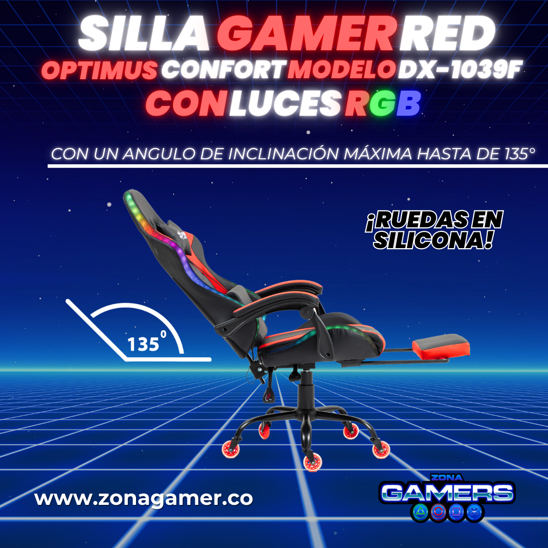 Silla gamer DX-1039F Red con luces RGB + reposapiés y ruedas en silicona