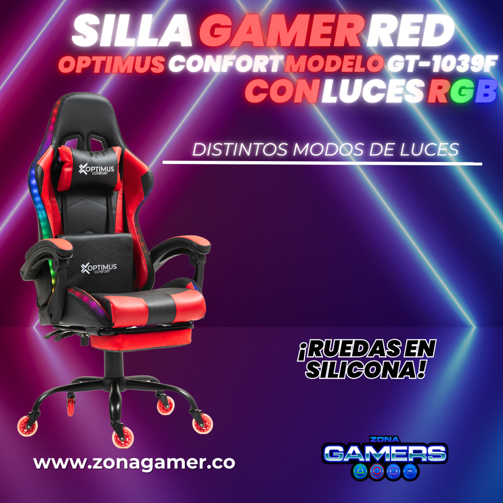 Silla gamer GT-1039F Red con luces RGB + reposapiés y ruedas en silicona