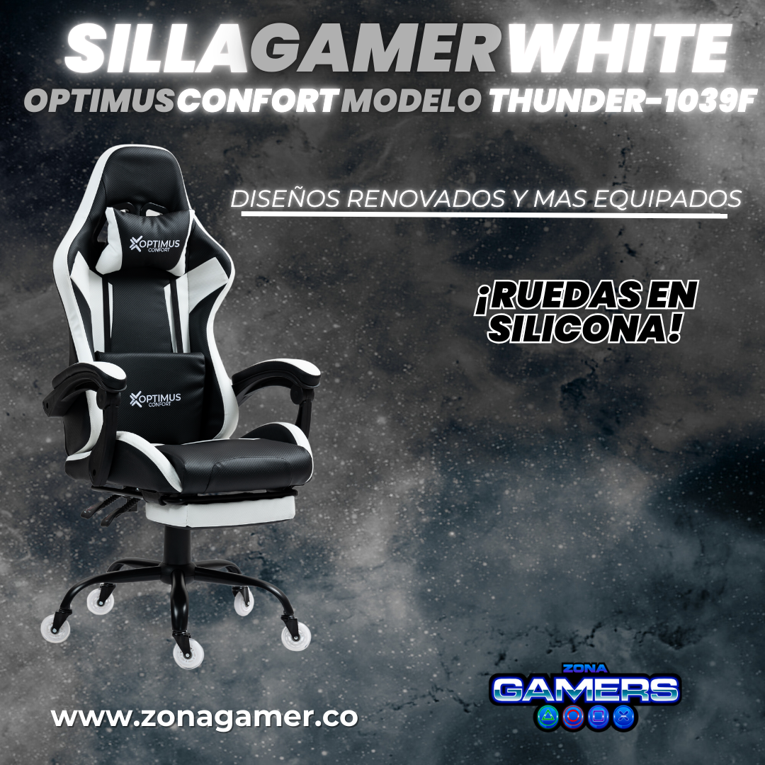 Silla Gamer Thunder-1039F White con reposapiés y ruedas en silicona