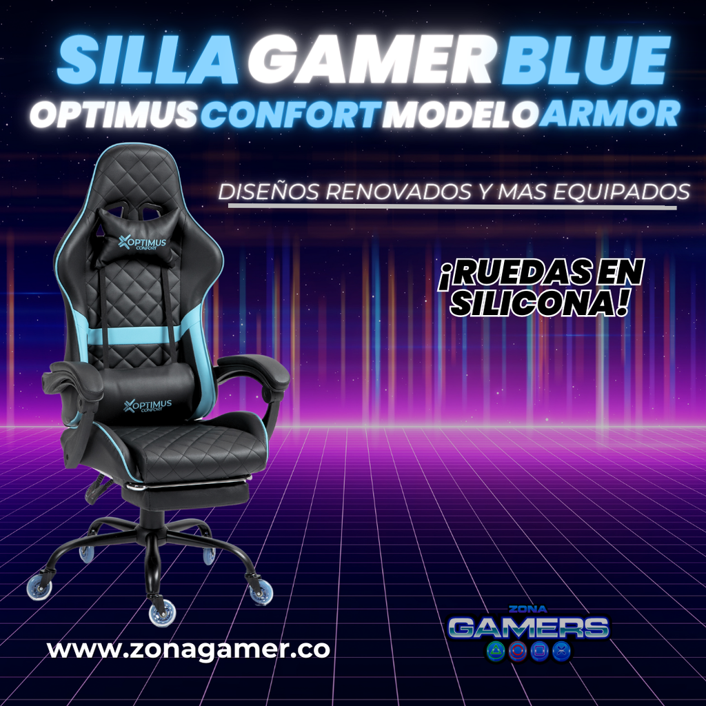 Silla Gamer ARMOR-1039F Blue con reposapiés y ruedas en silicona