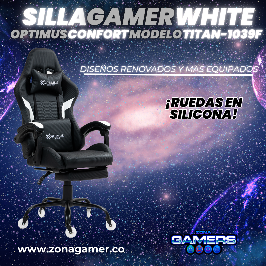 Silla Gamer Titan-1039F White con reposapiés y ruedas en silicona