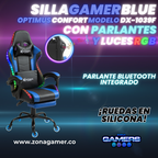 Silla gamer DX-1039F Blue con luces RGB + Parlantes + reposapiés y ruedas en silicona