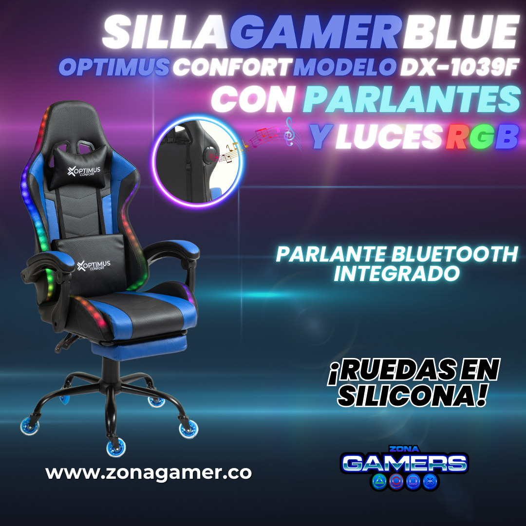 Silla gamer DX-1039F Blue con luces RGB + Parlantes + reposapiés y ruedas en silicona