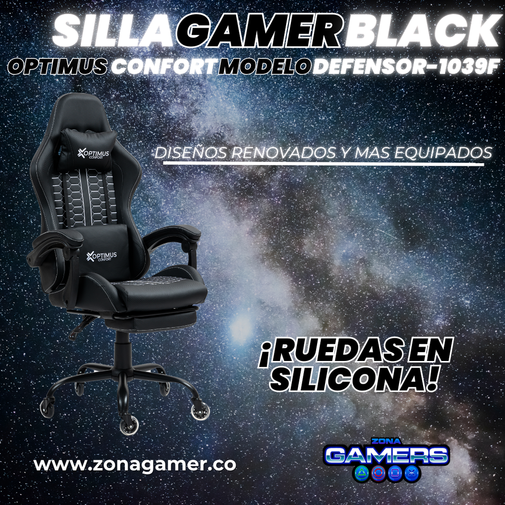 Silla Gamer Defensor-1039F Black con reposapiés y ruedas en silicona