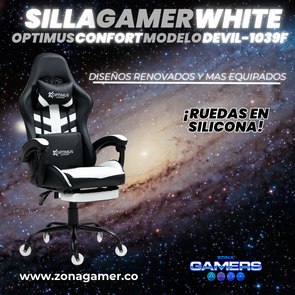 Silla Gamer Devil-1039F White con reposapiés y ruedas en silicona