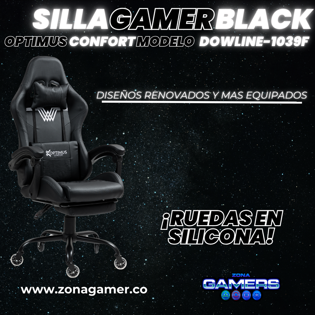 Silla Gamer DOWLINE-1039F Black con reposapiés y ruedas en silicona