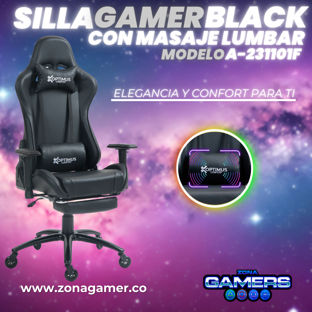 Silla Gamer A231101F Black + masajeador lumbar con reposapiés incluido y ruedas en silicona
