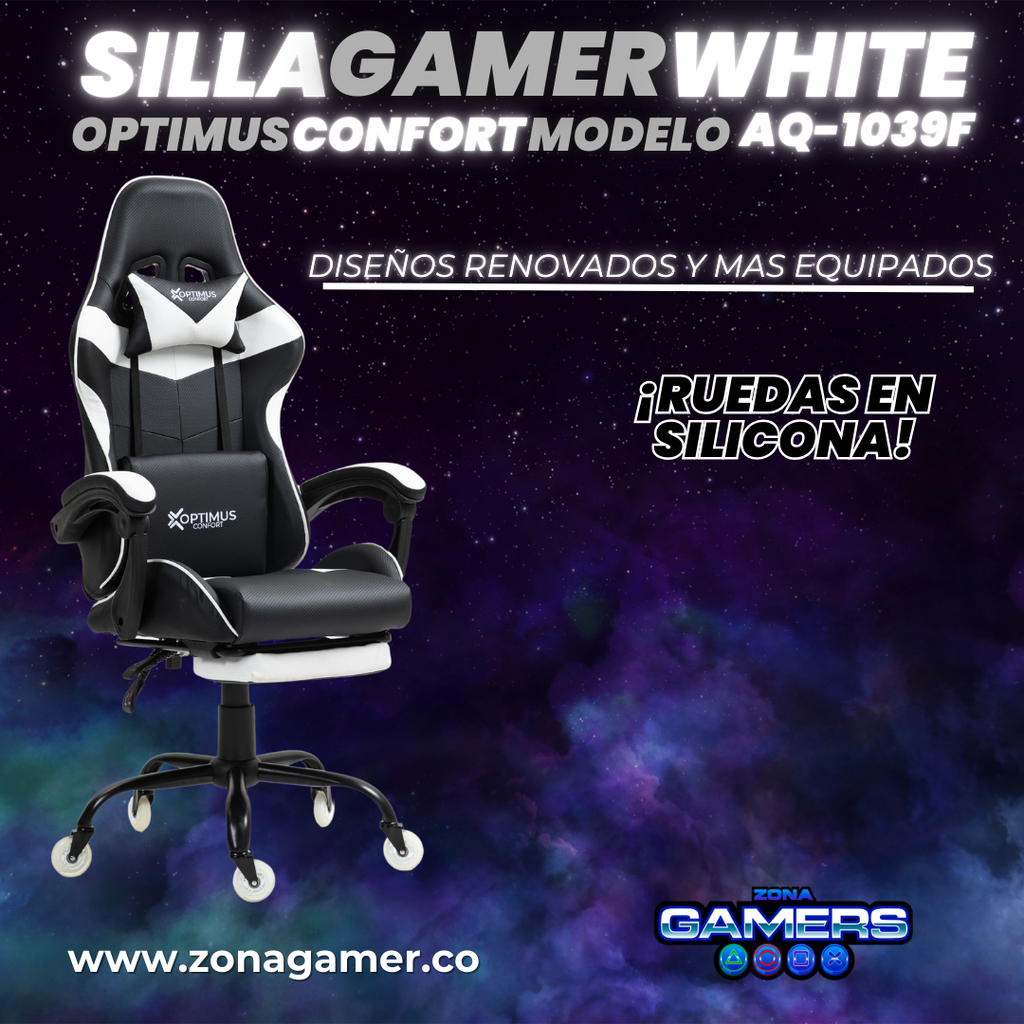 Silla Gamer AQ-1039F White con reposapiés y ruedas en silicona